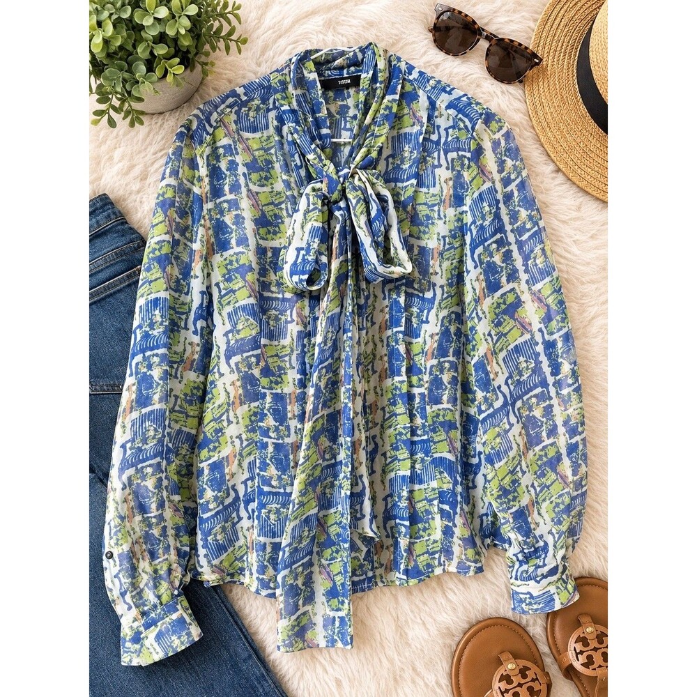 SYSTEM womens blouse SHEER button-down business office blue geometric small/med